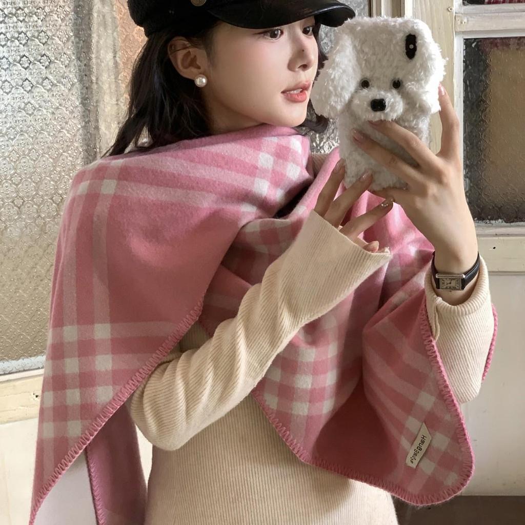 Korean Retro Pink Plaid Scarf for Women - Warm Autumn/Winter Neck Protection Shawl