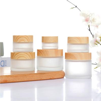 Screw Cap Frosted Glass Cream Jar Wood Grain Lid Scrub Sub-bottling Cream Bottle  for Makeup Vials