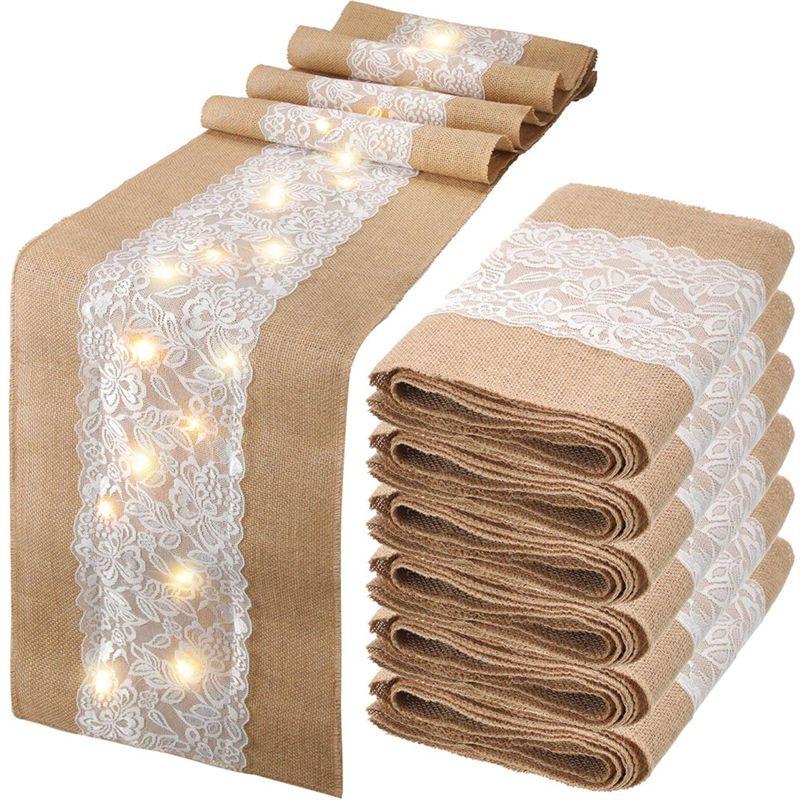 

Good-Burlap Table Runner 6 Pack With LED Lights Lace Rustic Natural Boho Style 12X108 Inches For Farmhouse Wedding Decor