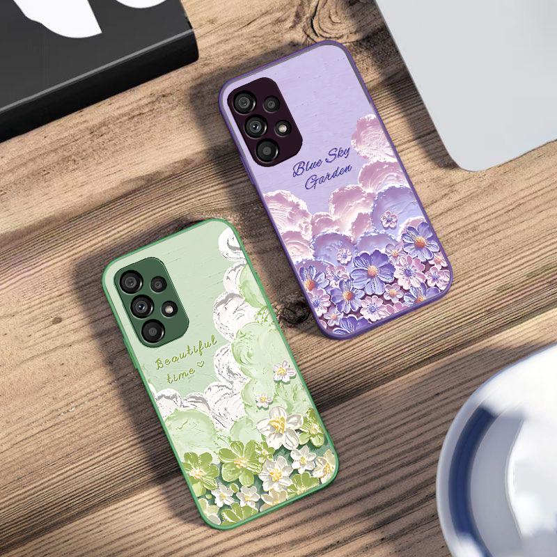 Oil Painting Flower Blue For Samsung Galaxy S10 4G S20 11E 30 S21 21Fe 22 S24 Pro S23 Ultra 5G S8 S9 Tempered Glass Phone Case