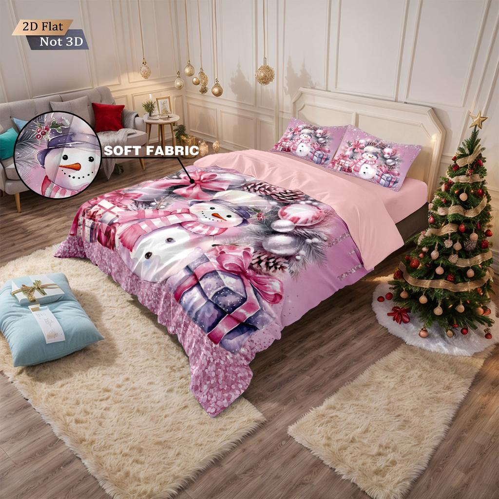3Pcs Cute Cartoon Snowman Printed Coreless Down Duvet Cover Set Multi Size Bedroom Bedding Holiday Decoration Machine Washable