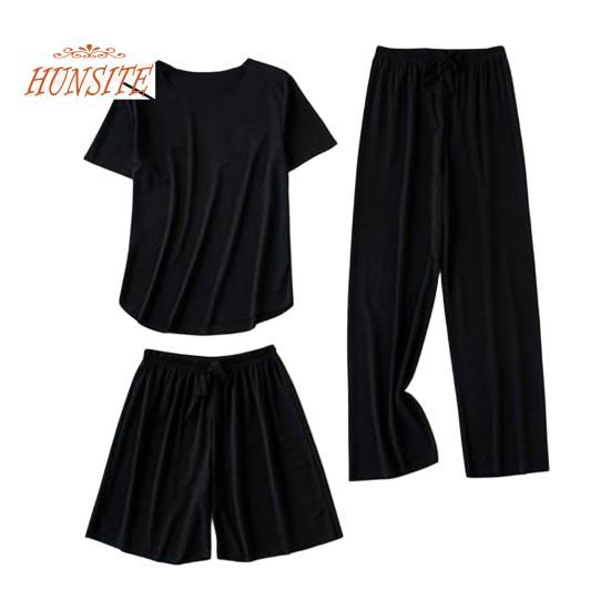 Dámské letní pyžamový set korejský temperament triko s ledovým hedvábným výstřihem do O se stahovací šňůrkou rovné široké nohavice tenké elastické pasové šortky 3ks/sada Domácí oblečení
