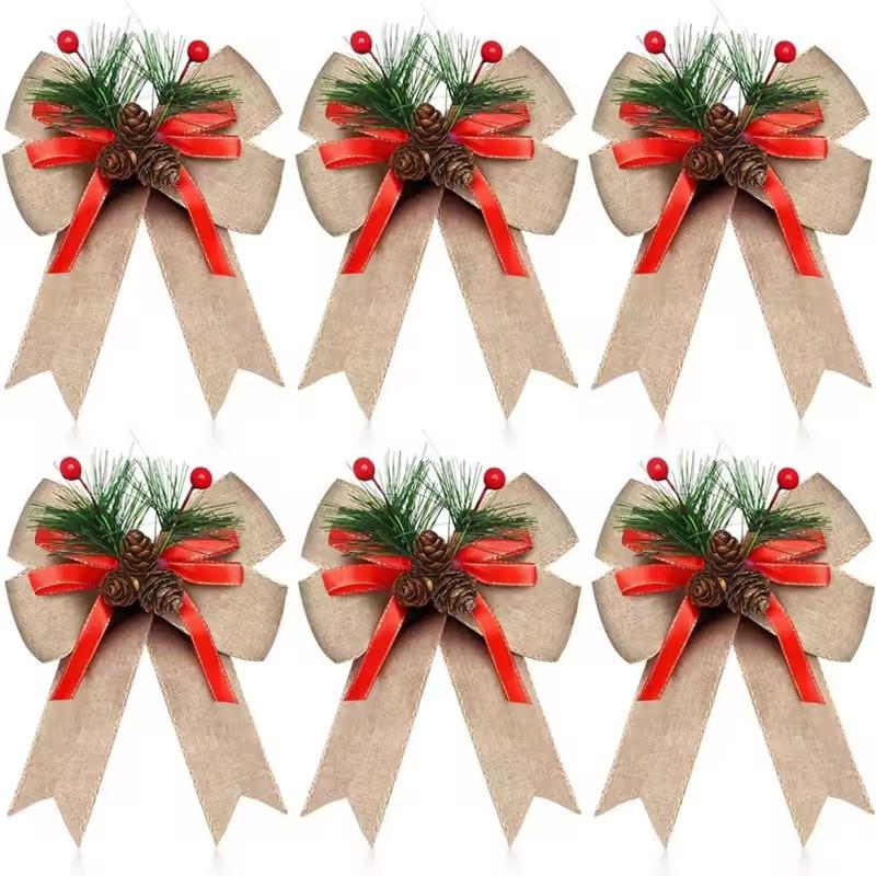 6PCS Christmas Pinecone Pine Needle Bow Christmas Grid Ribbon Bow Christmas Tree Decoration Bow Home Furnishings