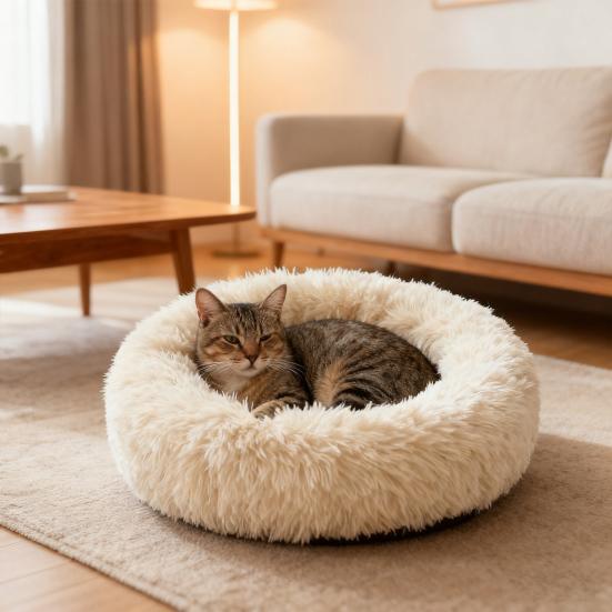 Donut Pet Bed Fluffy Round Cat Bed with Anti-Slip Bottom Cozy Shaggy Plush Dog