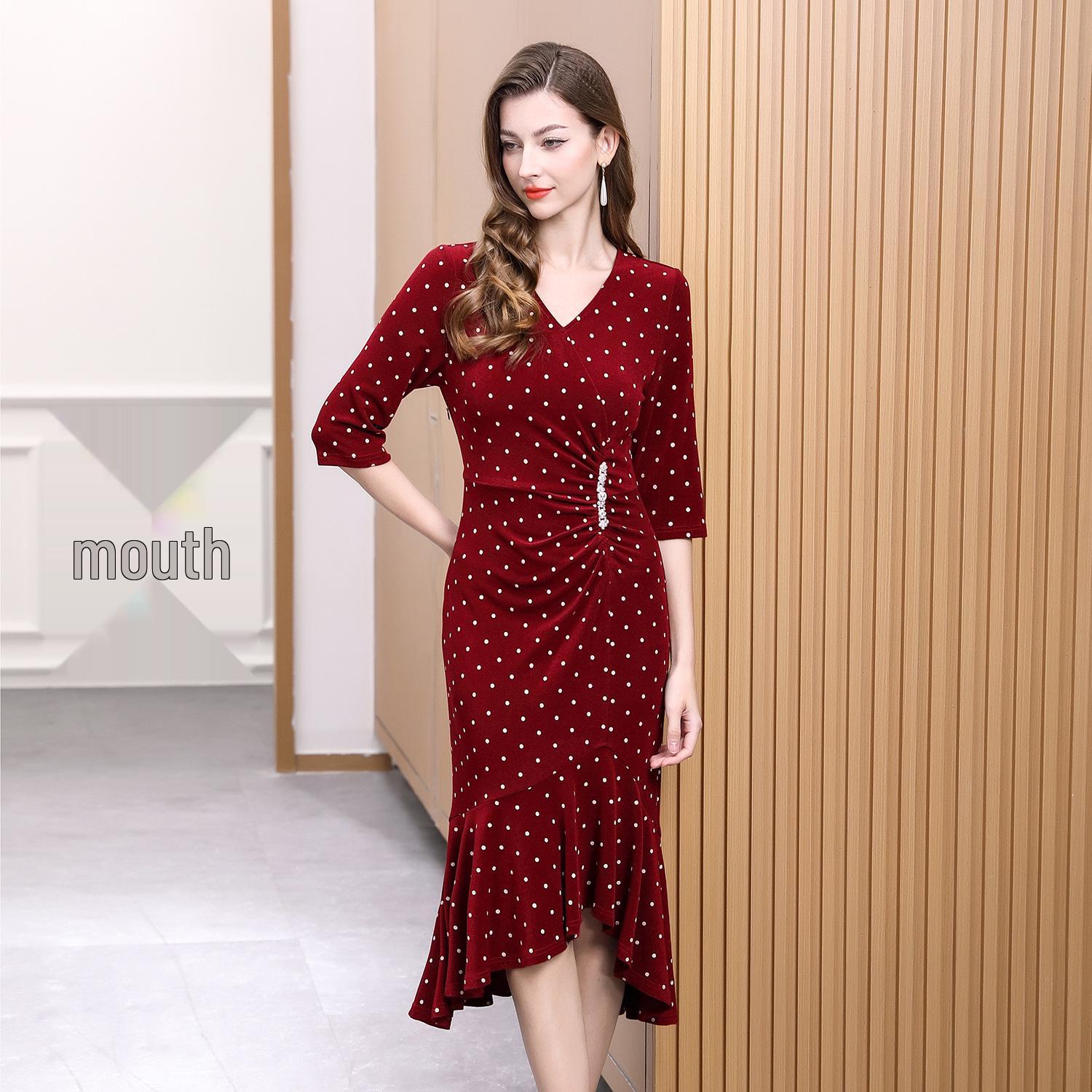 

Раннеосеннее красное платье в горошек с юбкой «рыбий хвост» - Элегантное, облегающее талию, маленького размера для мам XXL вино красного