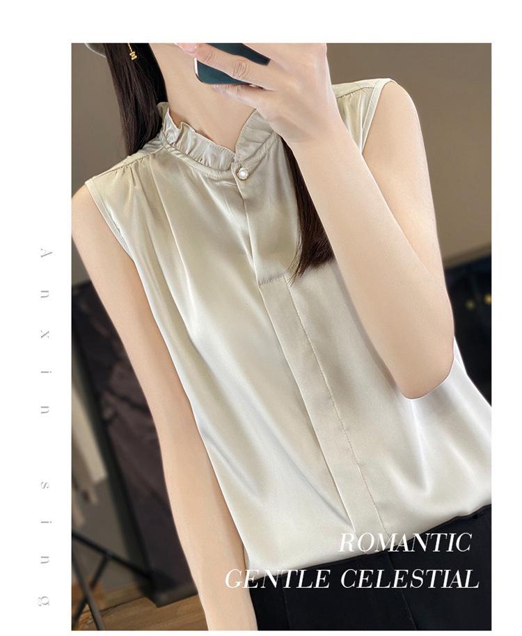 Wood Ear Lace Collar Silky Satin Sleeveless Slimming Vest for Women - Spring/Summer Temperament Shirt