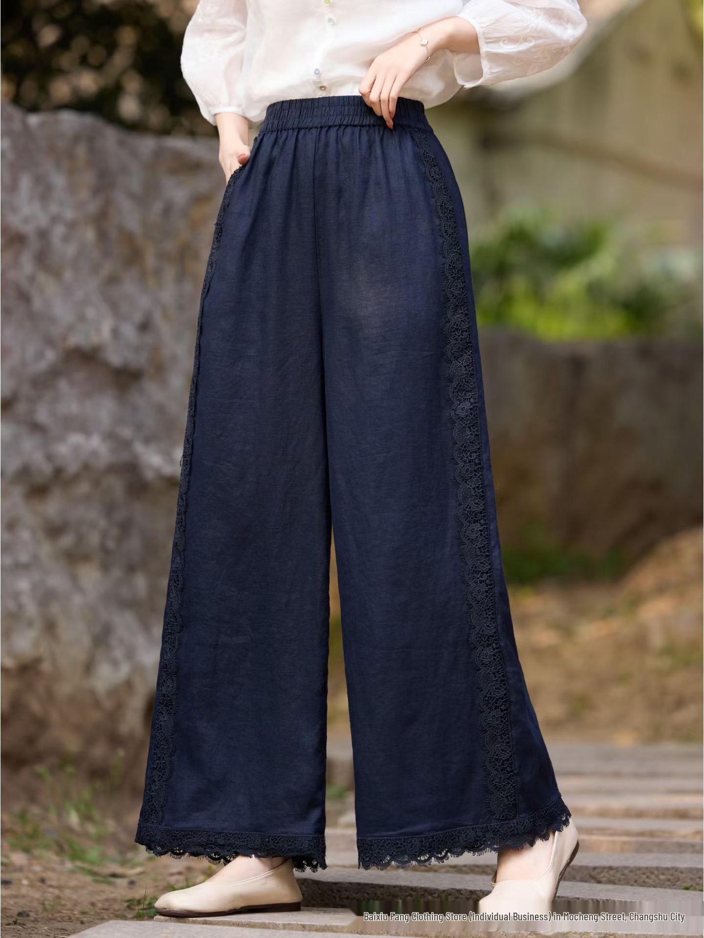 Women s Retro Wide-Leg Linen Pants - Elastic Waist, Lace Tie, Solid Color, Loose Fit One Size