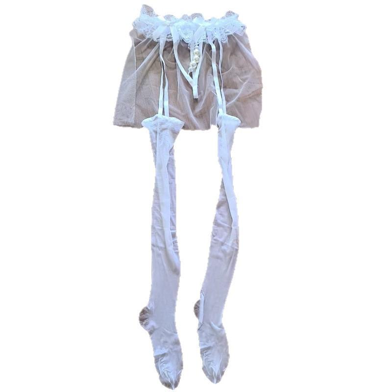 Sexy Mesh Dress Strap Aurora Stockings with Pearl Massage No-Remove Ultra-Thin Smooth Glossy Erotic Black Stockings for Women