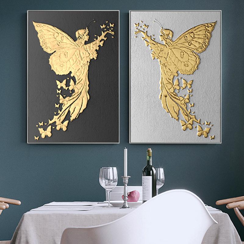 Abstract golden foil poster with butterfly and angel, modern home decor, canvas, painting, minimalist art poster and prints for the living room