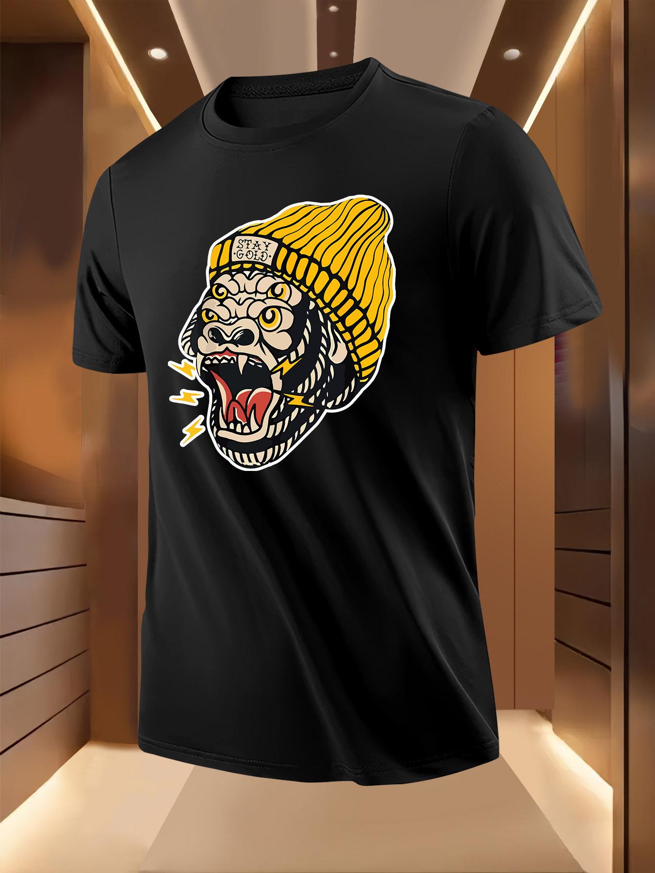 Graphic Tshirt with Roaring Gorilla Yellow Beanie Print -... S