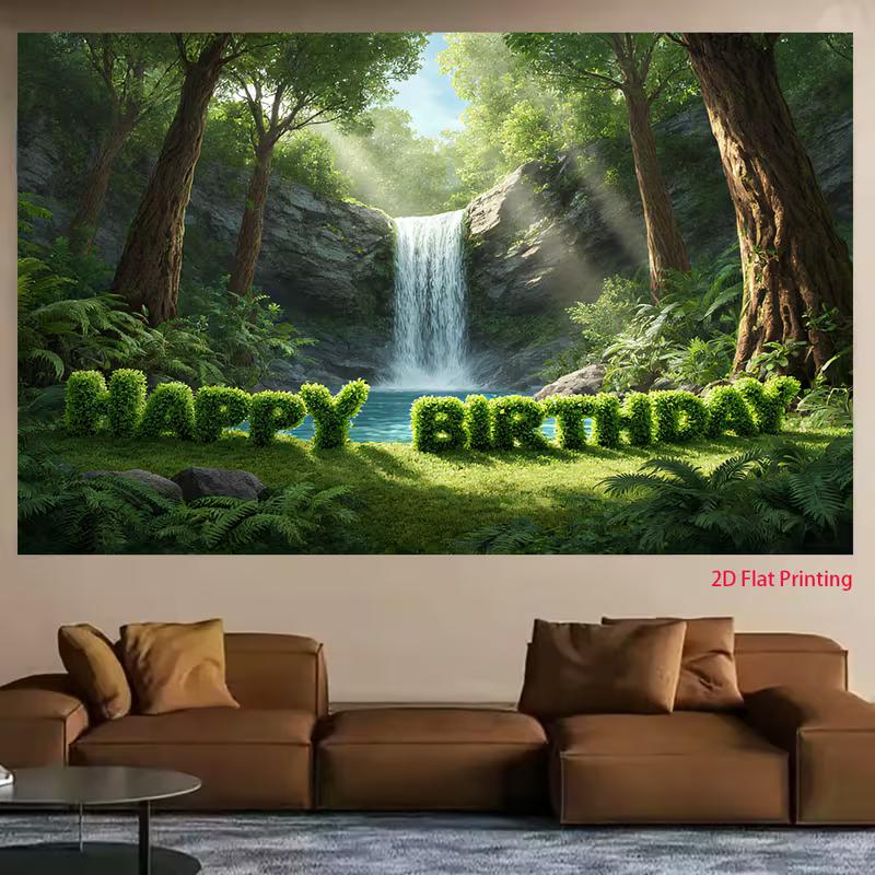 2D Forest Waterfall Happy Birthday Backdrop Jungle Greenery Party Photography Background Banner