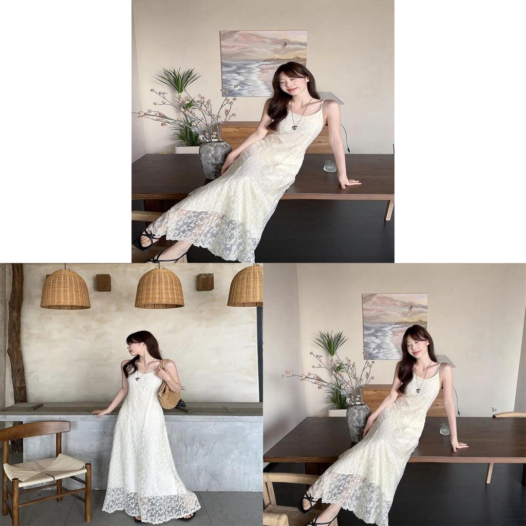 Elegante Abito Sottoveste Estivo in Poliestere e Pizzo con Scollo Quadrato per la Vacanza delle Donne