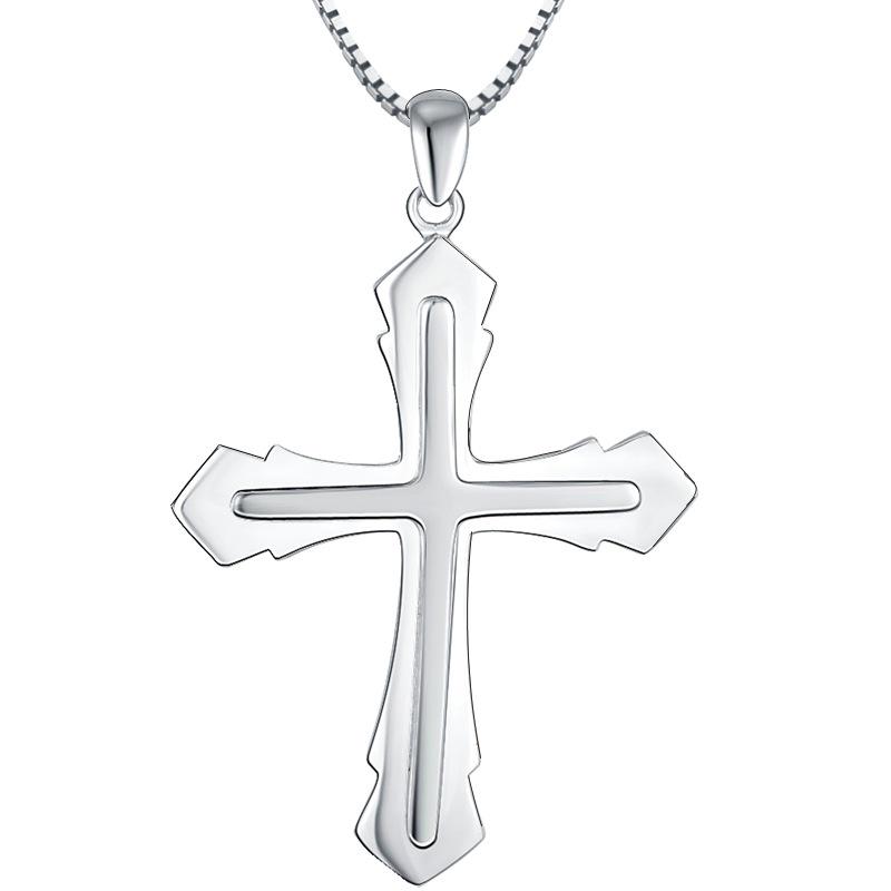 S925 Sterling Silver Cross Necklace Pendant - Stylish Silver Jewelry with European and American Engraving