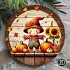 HD Tin Sign Fall Scarecrow Pumpkin Sunflower Round Vintage Metal Wall Art Retro Autumn Decor