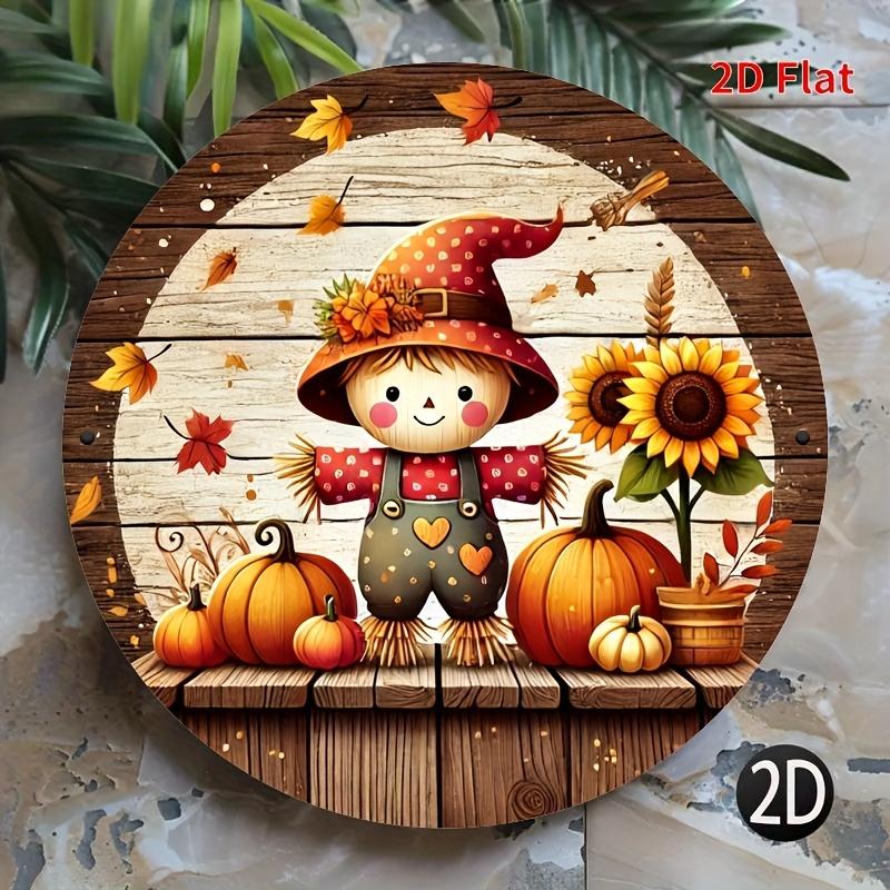 HD Tin Sign Fall Scarecrow Pumpkin Sunflower Round Vintage Metal Wall Art Retro Autumn Decor