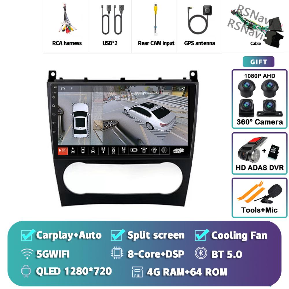 Android 14 Carplay Auto For Benz W203 Car Radio Player Multimedia Stereo Navigation 4G+WIFI AI Voice Head Unit DVD 360 Camera BT