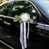Fairy Tale Wedding Decor Car Door Handle Flower with Ribbon Tie And Green Leaves, White Artificial Reusable Flowers Rose Rearview Mirror Bouquet