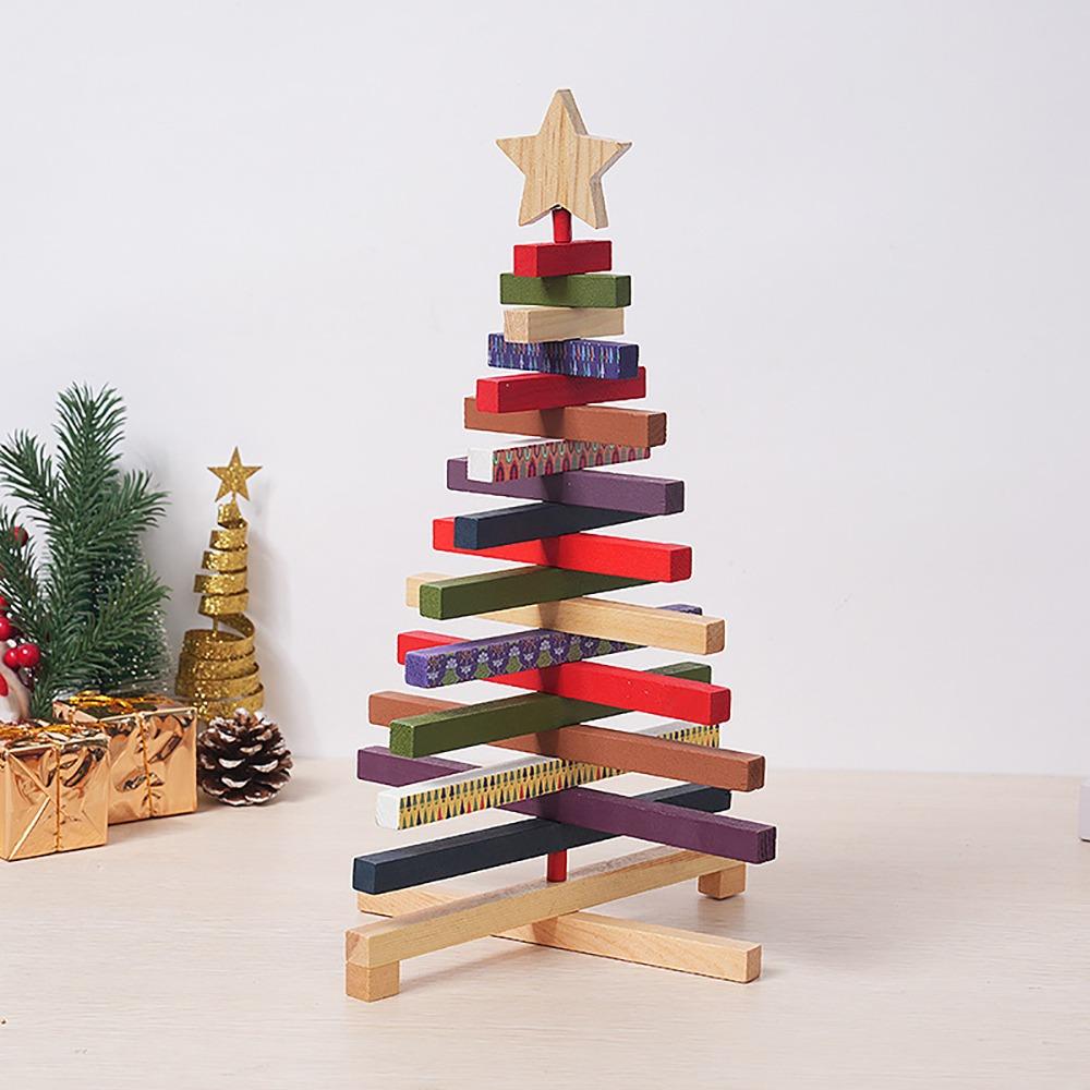 Delicate Wooden Christmas Tree Model Rotatable Crafts Xmas Tree Ornament Desktop Decor Christmas Decoration