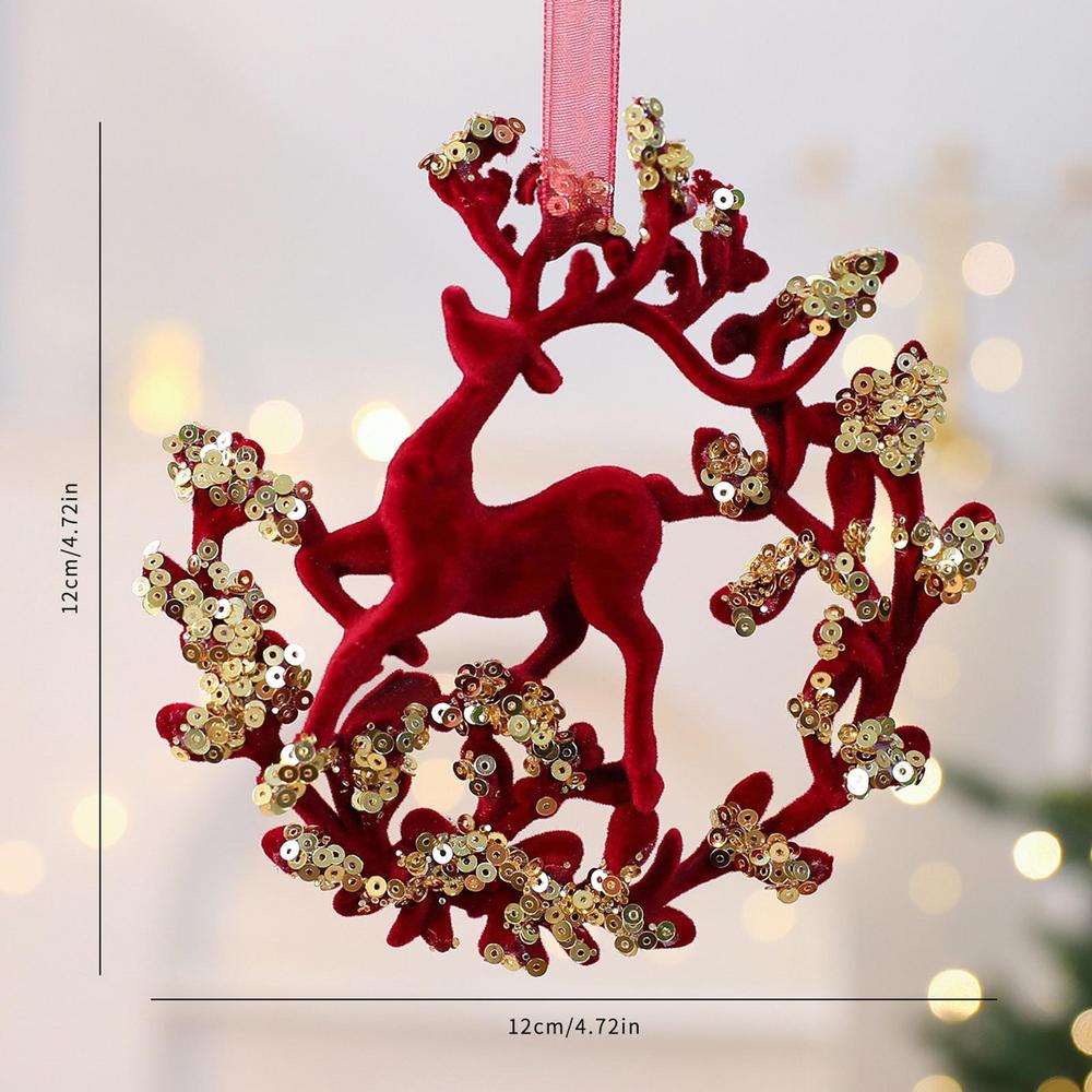 Christmas Decoration Wine Red Plush Flower Wreath Elk Pendant Outdoor Hangable Holiday Decor Red Flocking Festive Party Supplies