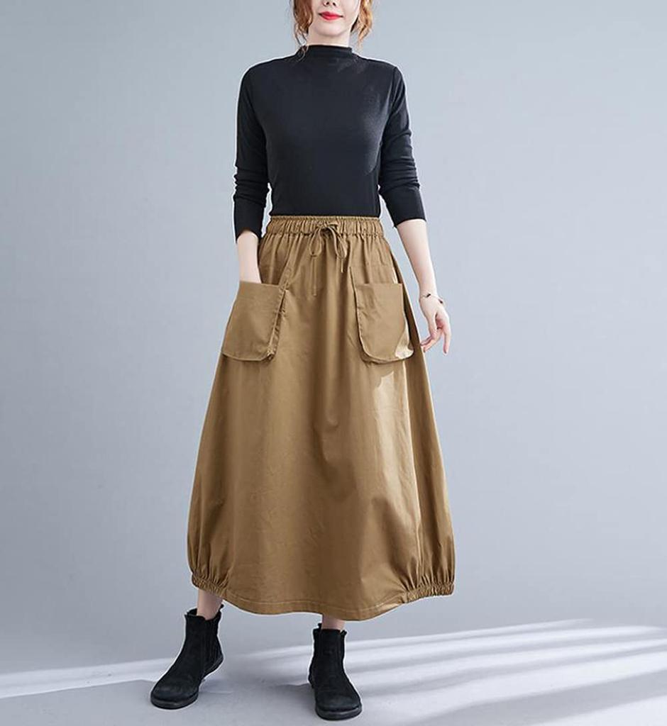 ShuMing Long Balloon Maxi Elastic Plus Solid Color Size Women's Skirt, Length, Waist, Pockets, Cargo-Style, Casual, A-Line, Size, Flattering, (Free