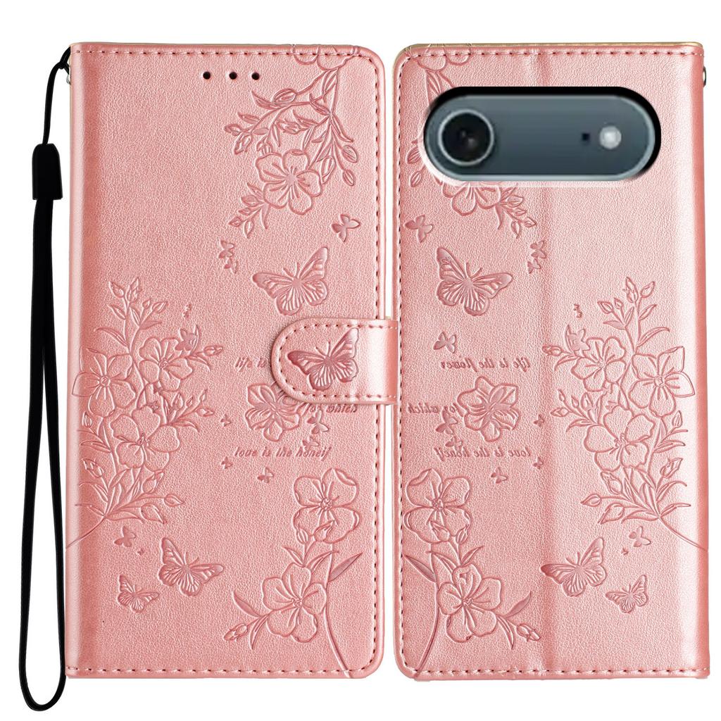 For iPhone 17 Air Wallet Phone Case Butterfly Floral Imprint Leather Flip Cover with Strap