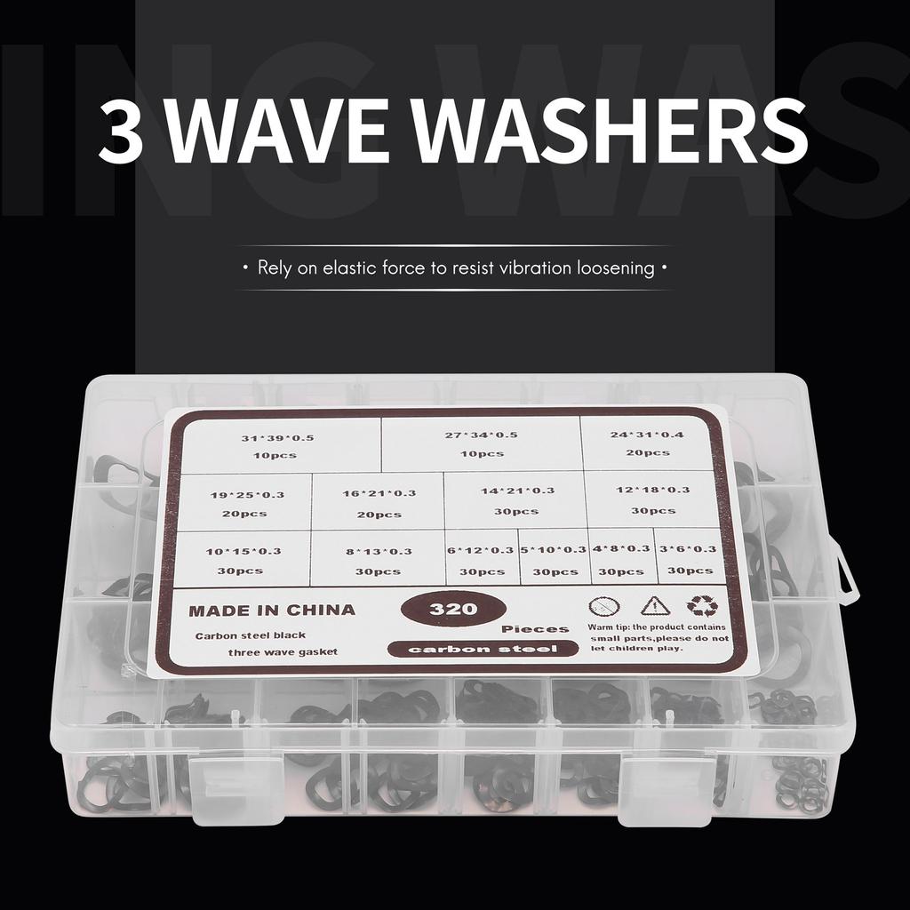ABYA 320Pcs Carbon Steel Compression Type Wavy Wave Crinkle Spring Three Wave Washers Assortment Kit