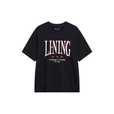 Li Ning Sports Lifestyle Series Letter Print Loose Round Neck Short Sleeve T-Shirt Unisex Tops Black AHSSF49-1