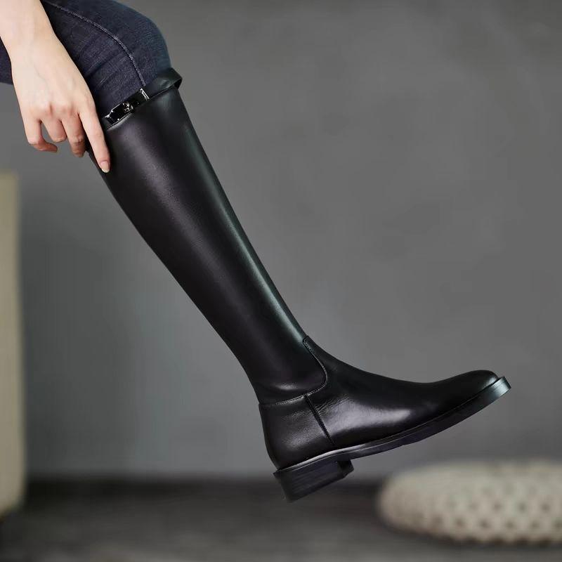 Fashion Black Elegant with Low Heels Pointed Toe Leather Women's Long Boots 2025 Autumn Winter Fleece-Lined Ladies Knee High Shaft Shoes
