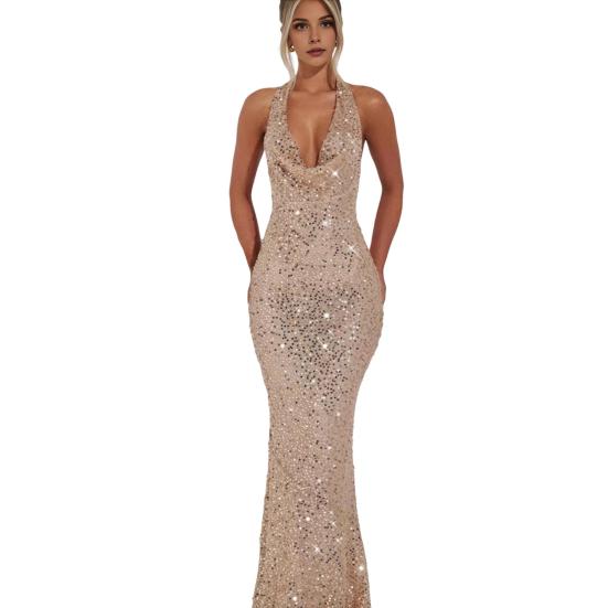 Women's Sheer Mesh Maxi Dress Sparkly Sequins See Through Halter Long Dress Deep V Neck Backless Bodycon Dress Sexy Party Outfits