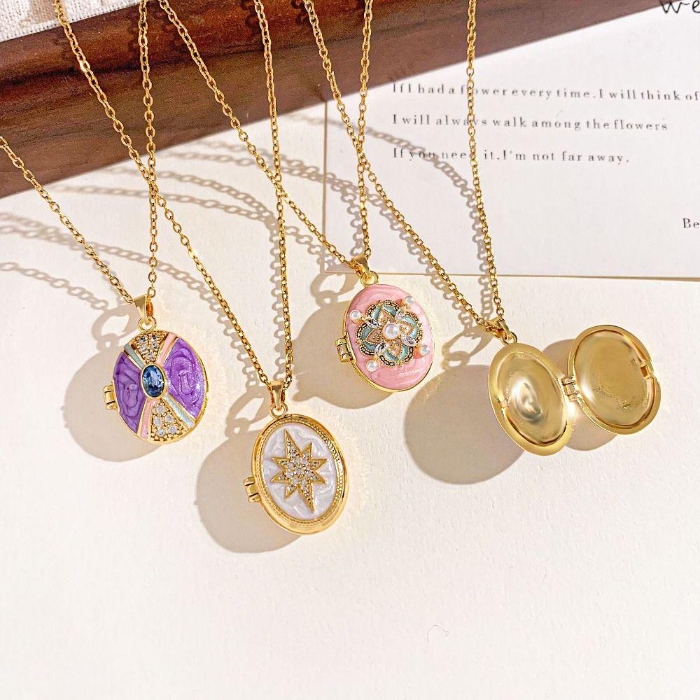 Openable Photo Locket Pendant Necklace Pearls Gold Clavicle Chain Sweater Shirt Accessories