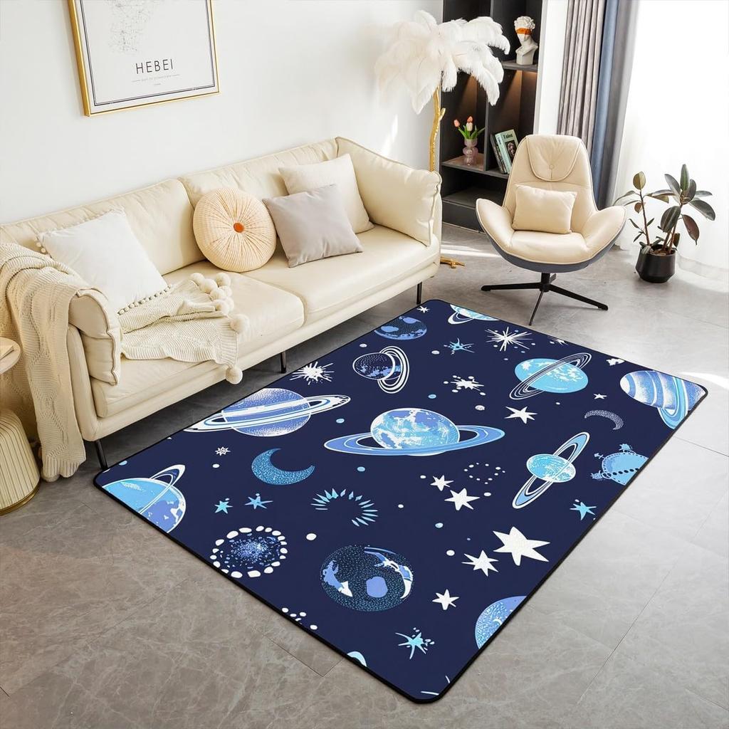 Erosebridal Outer Space Carpet 5x7 Universe Stars Moon Print Area Rug Planet Space Theme Indoor Floor Mat Cosmos Blue Decorative Rug for Boy
