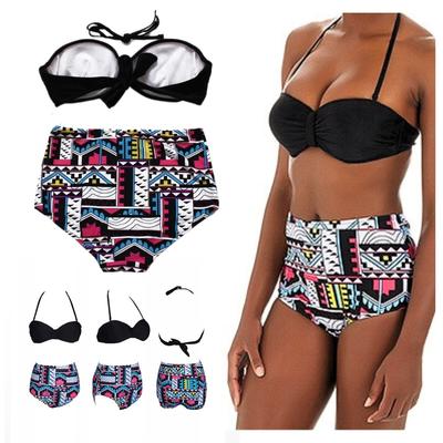 Two-piece Swimsuit, High Waist, Aztec Patterns, Black, Underwire, L Two-piece Swimsuit, High Waist, Aztec Patterns, Black, Underwire, L