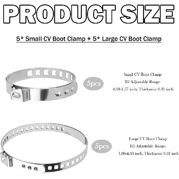 10PCS CV Boot Clamps Tool Kit Stainless Steel,Adjustable CV Axle Boot Clamp with Small & Large Hose Clamp,Universal Rack and Pinion Boots Clamps for