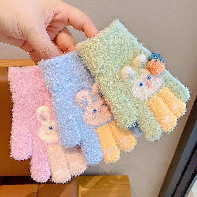 1Pair Cute Cartoon Kids Plush Knitted Gloves Winter Outdoor Warm Thickened Windproof Gloves For 1-5 Years Old Full Finger Gloves
