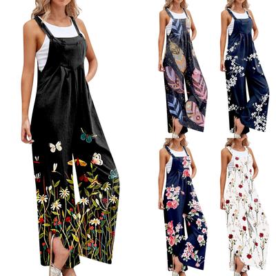 Lässiger, lockerer, bedruckter, ärmelloser Tank-Top-Overall für Damen, quadratischer Ausschnitt, geraffter Overall mit weitem Bein und Taschen