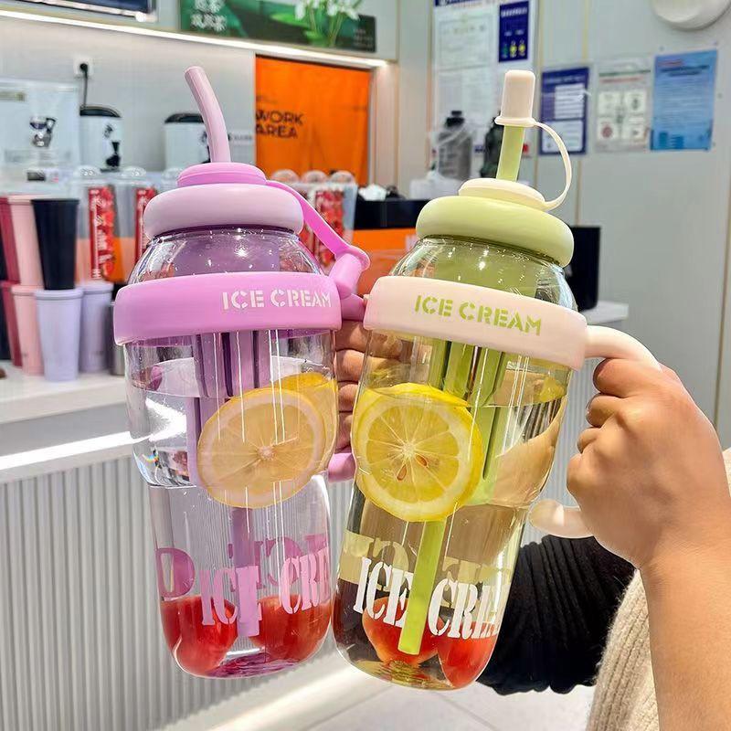 Large Capacity 1L+ Summer Plastic Cup Ice King Belly Cup Cute Style with Straw for Office Home Outdoor KTY