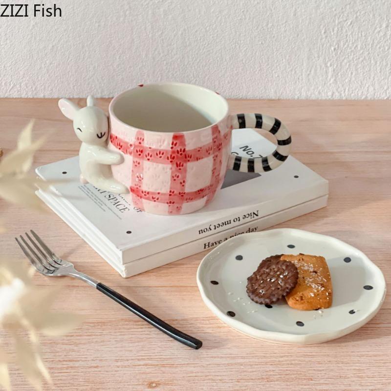 BR450ml Ceramic Hand-painted Coffee Cup Set Japanese Cute Hug Rabbit Three-dimensional Cup with Dish Children's Beverage Water CupEY
