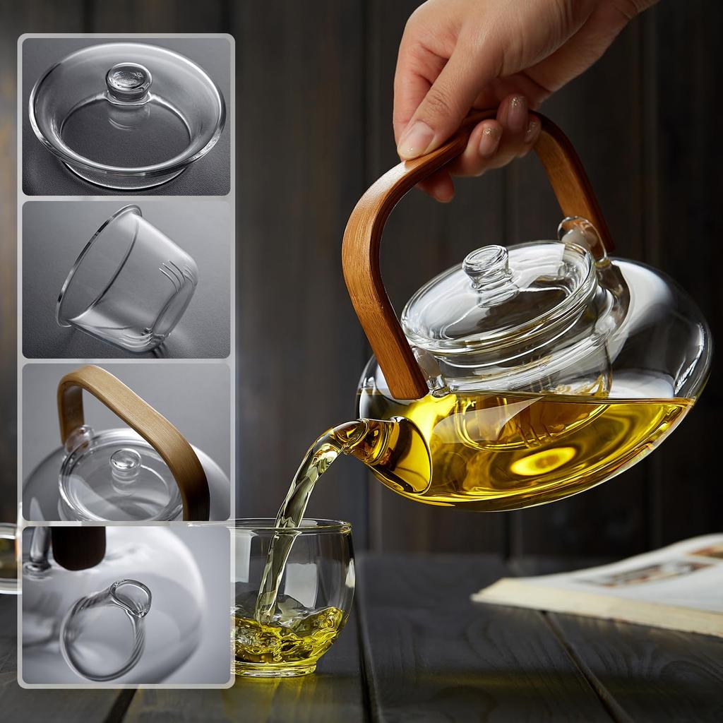 Dzbanek do herbaty Pokaro ze szkła żaroodpornego, 800 ml pojemności całkowitej, bambusowy uchwyt, płaski design, wbudowany zaparzacz, bezpieczny na kuchence, stylowy szklany dzbanek do herbaty,