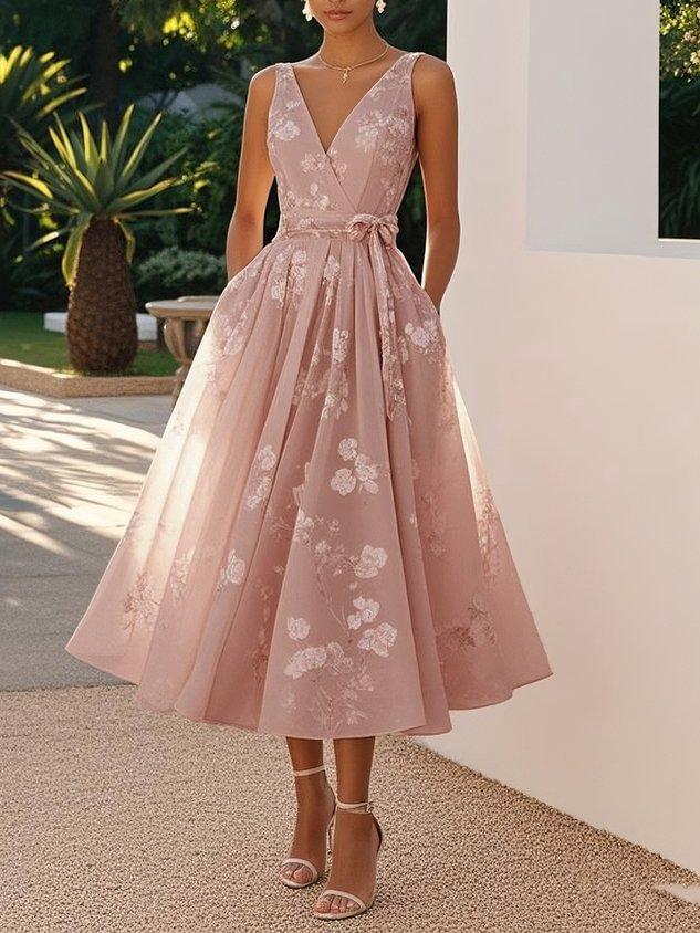 Women's Light Pink Sleeveless Dress with Floral Embroidery and Waist Bow