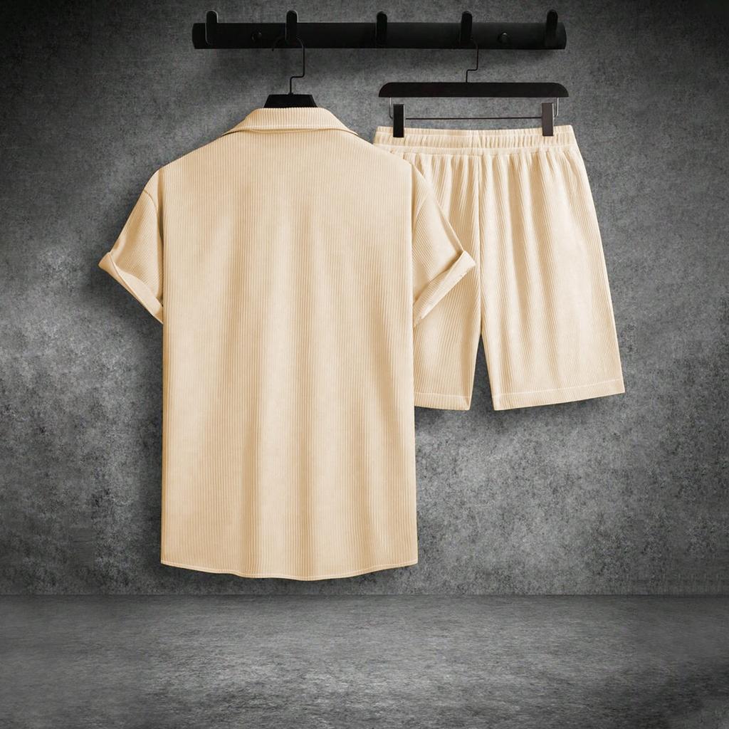 Men's Summer Solid Color Stripe Casual Fashion Loose Short-Sleeved Shorts Shirt Suit