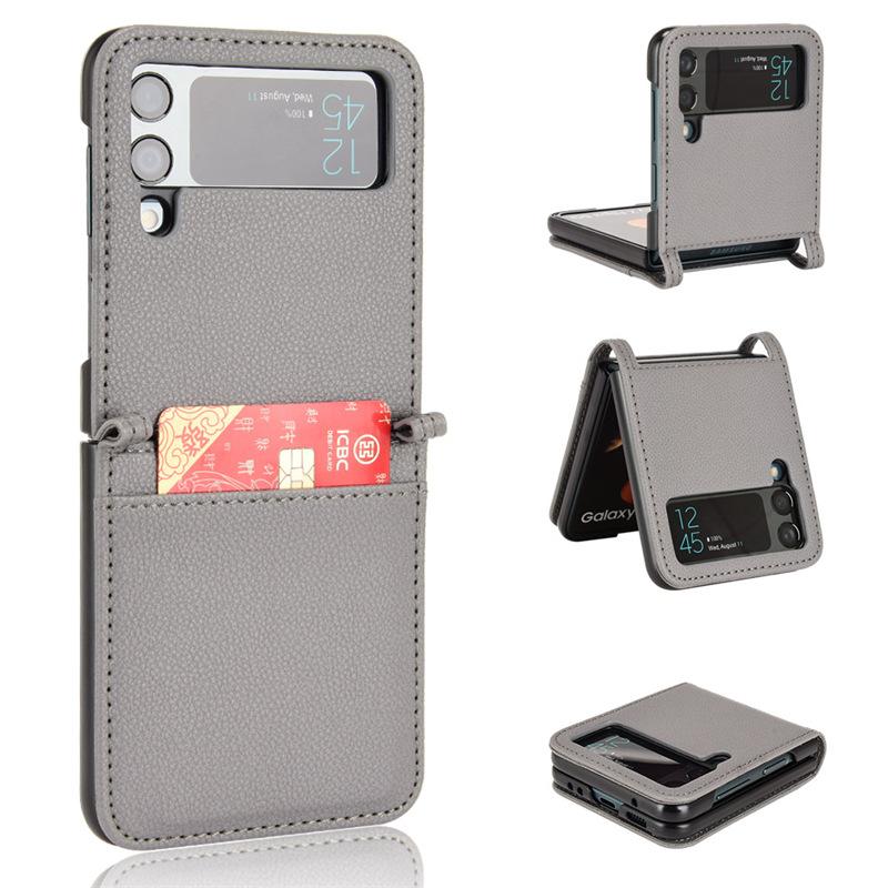 Applicable To Samsung Z Flip4 Folding Screen Mobile Phone Case Card Wallet ZFlip3 Mobile Phone Leather Case One-piece Lychee Pattern