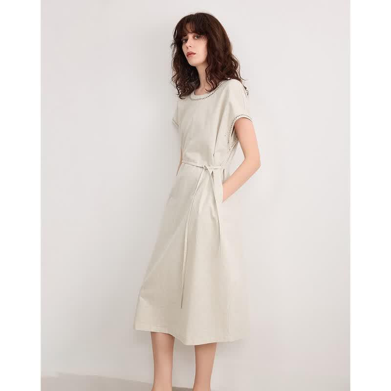 Demana Linen Blend Hollow Lace Mid-Length Dress XL