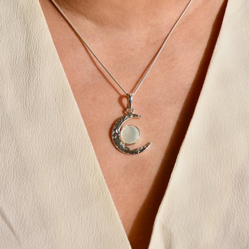 Mother Of Pearl Pendant Moon Celestial Necklace 925 Sterling Silver Pendant For Mother Wife Or Fiance