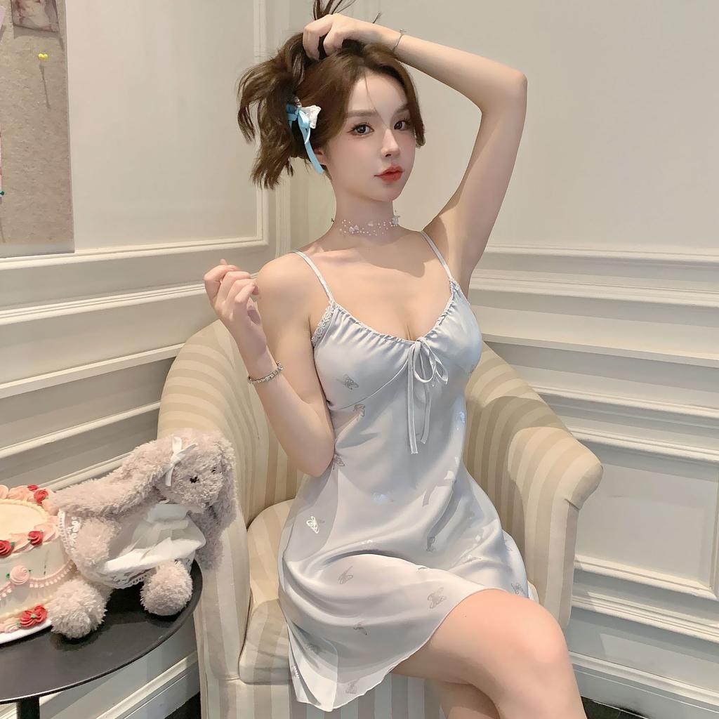 New sexy nightgown women's summer suspender ice silk pajamas ins print pure desire pajamas with chest pads