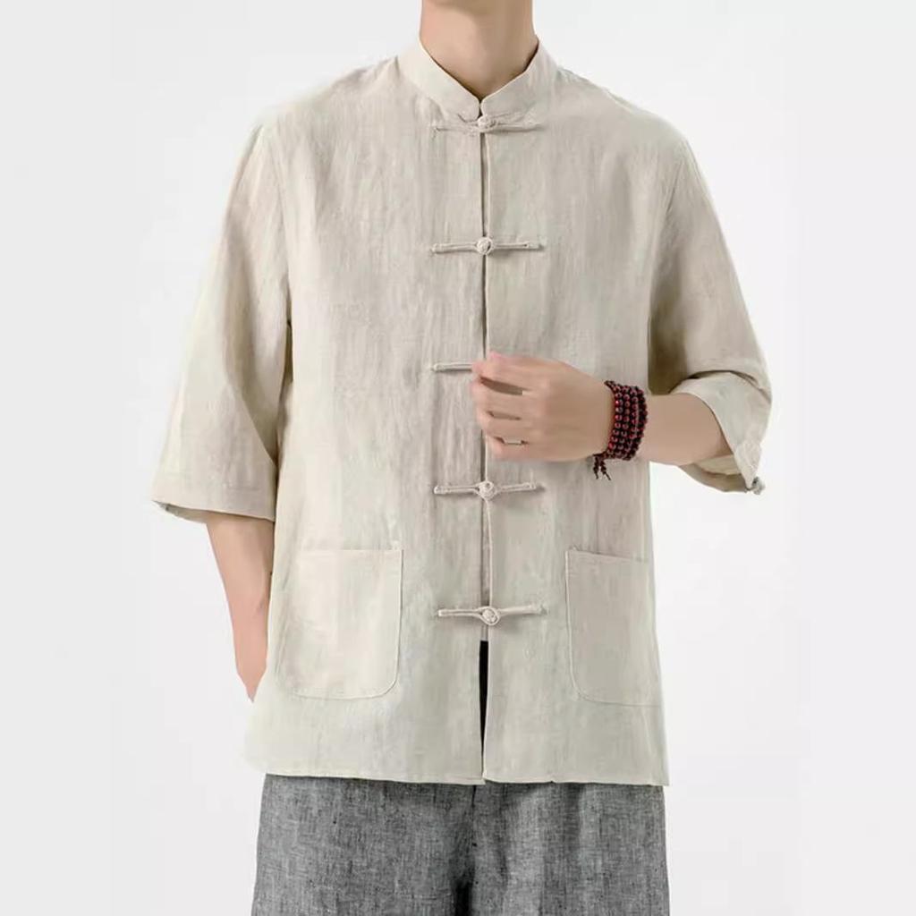 Chinese Style Men's Linen Shirt, Chinese Style Tang Suit, Cotton and Linen Men's Three-quarter Sleeve Shirt, Summer Retro Stand-up Collar