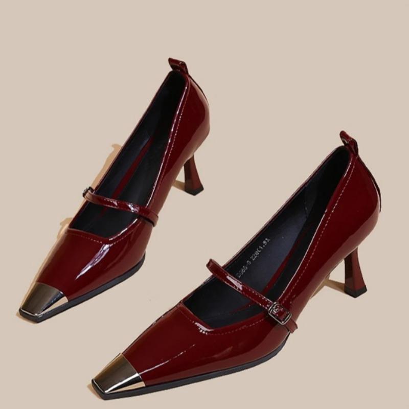 Fashion Spring New Thin Heel Single Shoes Women's Metal Square Head Shallow Mouth Splicing A Line with Non-slip High Heels