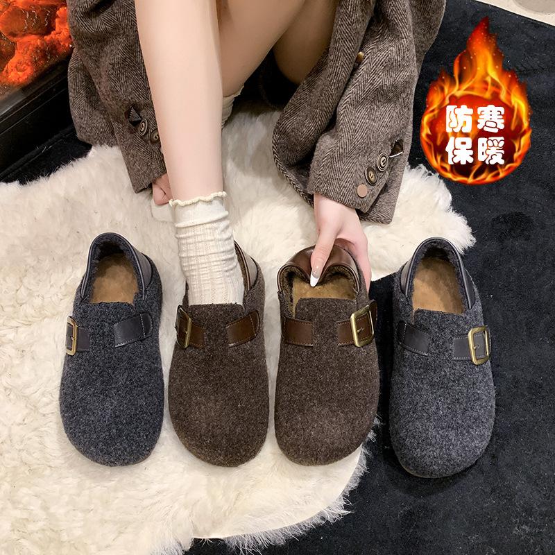 Winter velvet inner height increase Muller cotton shoes women's new one pedal two wear thermal cotton shoes bag and confinement shoes