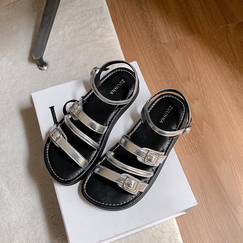 Leather Roman sandals women's summer new brown flat-bottomed versatile beach shoes cool slippers women