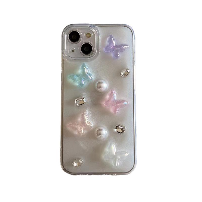 Color Butterfly Rhinestone Pearl Mobile Phone Case For Iphone17Promax Fine Hole All-Inclusive Apple 16 Anti-Drop Soft