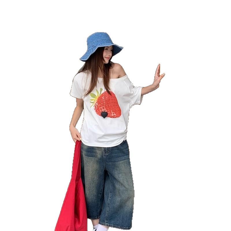 Spring 2026 One-Shoulder Off-the-Shoulder Pure Cotton Short Sleeve Women's T-shirt